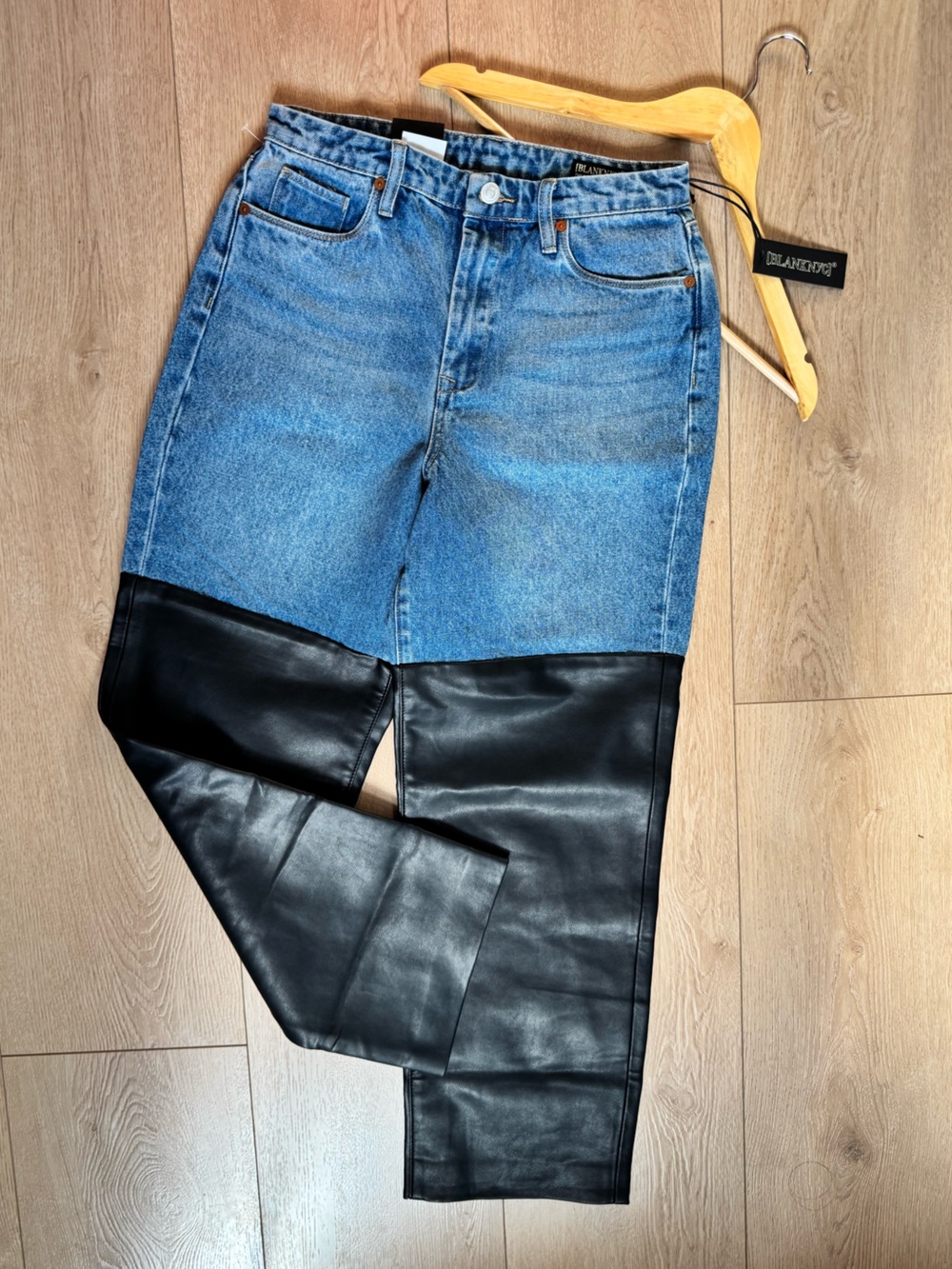 Blank NYC Two-Tone Blue Denim and Faux Leather Wide Leg Jeans | Size 27 - Picture 3 of 15